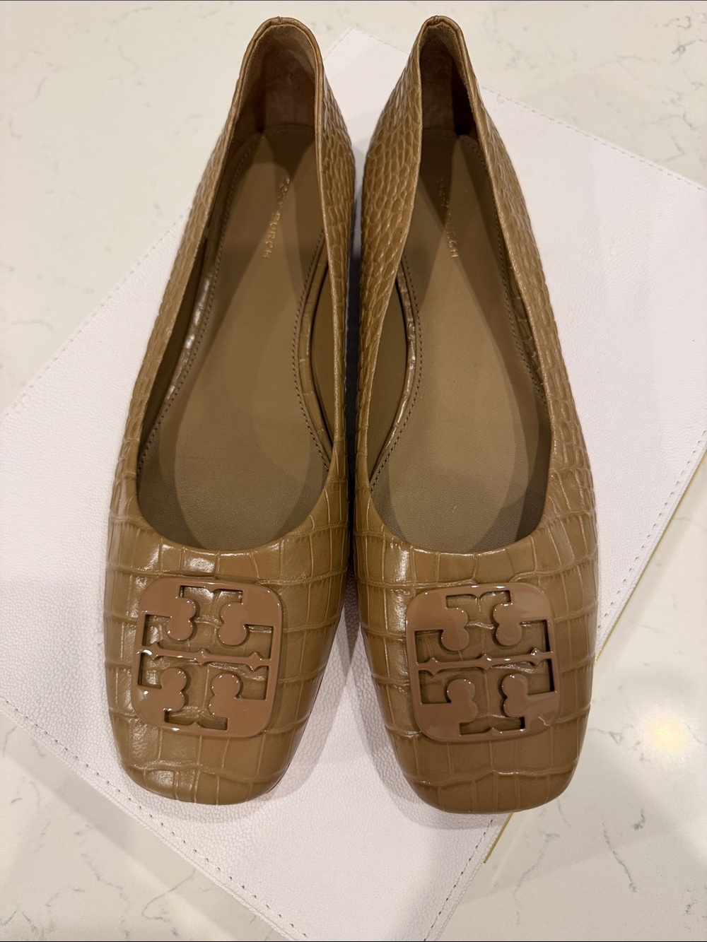 Tory Burch Croc-Embossed Logo Square-Toe Flats in Tan